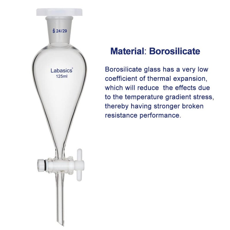 Labasics Conical Separatory Funnel, 125 ml Heavy Wall Borosilicate Glass Separating Funnel with 24/29 Joints and PTFE Stopcock - Image 4